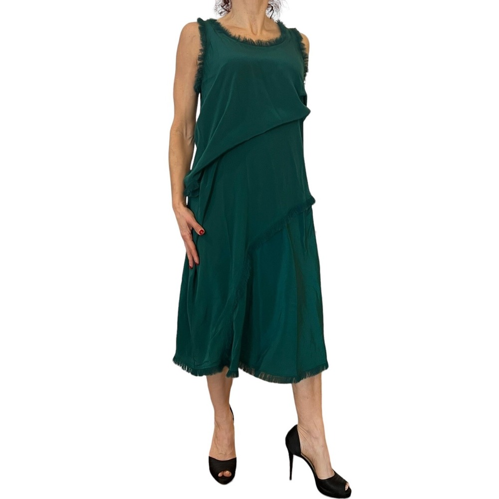 MALENE BIRGER WOMEN'S GREEN SILK SLEEVELESS FRINGE TRIM MIDI SHIFT  DRESS  36 6
